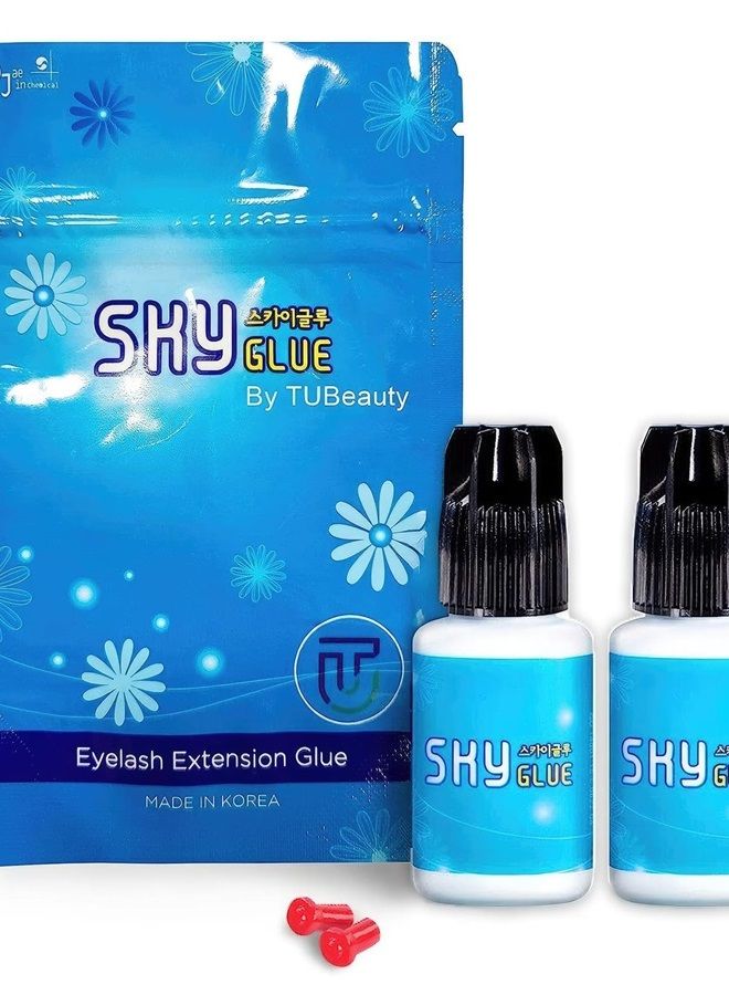 2 Bottles Sky Glue D for Eyelash Extension 5ml - Professional Powerful Strong Black Eyelash Individual Extension Adhesive / 1-2s Fast Drying / 4-6 Weeks Lasting time TUBeauty