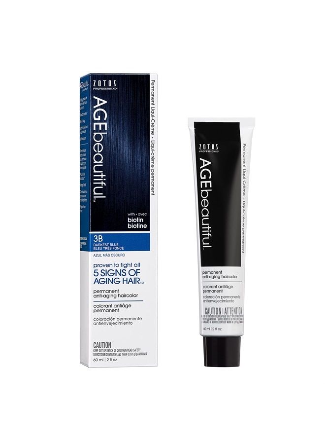 AGEbeautiful Permanent Liqui Creme Hair Color Dye | 100% Gray Coverage | Anti-Aging | Biotin for Thicker, Fuller Hair | Professional Salon Coloring | 3B Darkest Blue