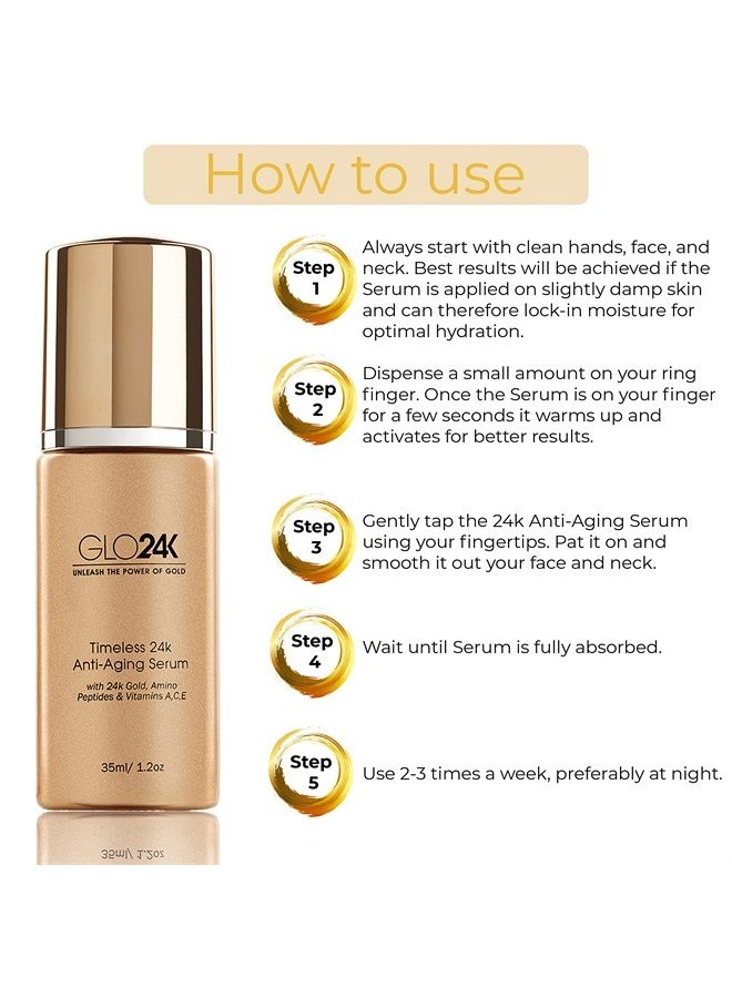 GLO24K Timeless Serum with 24k Gold, Peptides, and Vitamins A,C,E. A Powerful formula to nourish and revitalize your skin.