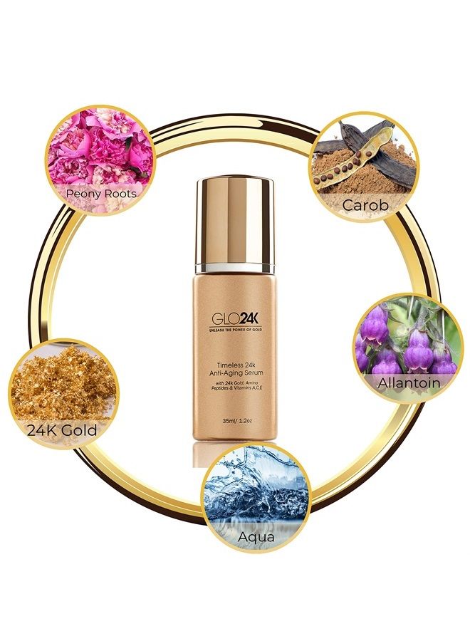 GLO24K Timeless Serum with 24k Gold, Peptides, and Vitamins A,C,E. A Powerful formula to nourish and revitalize your skin.