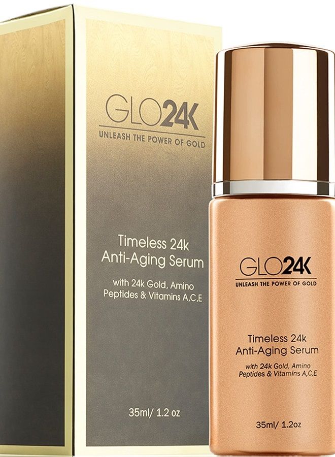 GLO24K Timeless Serum with 24k Gold, Peptides, and Vitamins A,C,E. A Powerful formula to nourish and revitalize your skin.