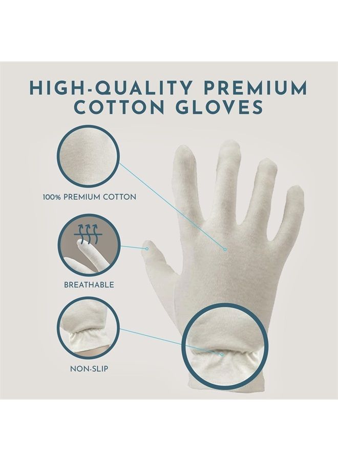 100% Premium Cotton Moisturizing Gloves for Dry Hands & Eczema | Overnight Lotion, Sleep & Spa Treatment for Women & Men | Reusable, Washable - Free Washing Bag, Wristband (White - 3 Pair)