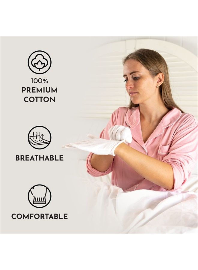100% Premium Cotton Moisturizing Gloves for Dry Hands & Eczema | Overnight Lotion, Sleep & Spa Treatment for Women & Men | Reusable, Washable - Free Washing Bag, Wristband (White - 3 Pair)