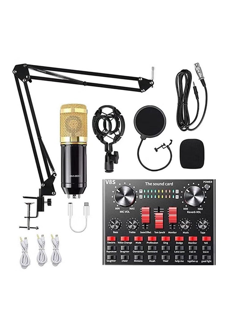 Mike Music Multifunctional Live V9 Sound Card and BM800 Suspension Microphone Kit Broadcasting Condenser Microphone Set Intelligent Webcast Live Sound Card for Computers and Mobilephone (v9, Black)