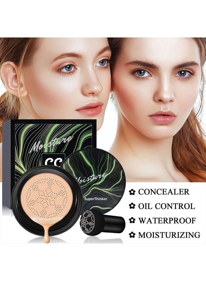 Air Cushion CC Cream Mushroom Head Foundation, SuperThinker Moisturizing BB Cream Makeup Long Lasting Matte Concealer (1 PCS/Natural)
