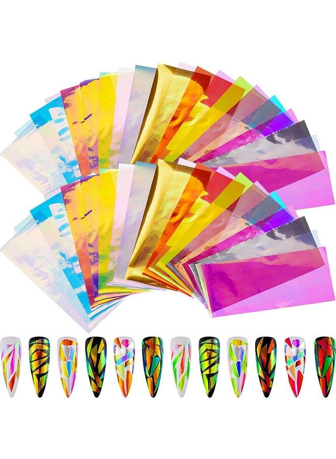 100 Pieces Iridescent Nail Art Glass Paper Cellophane Holographic Diy Mixed Colors Broken Glass Paper Reflective Mirror Foils Nail Art Stickers Dichroic Film Designs