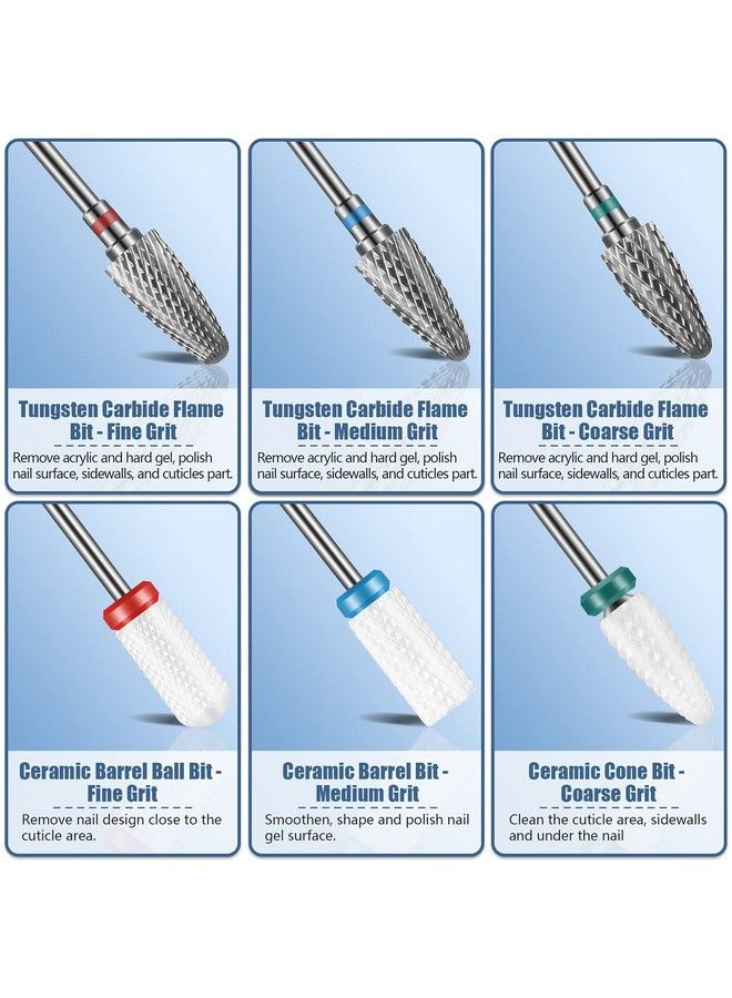 13Pc Nail Drill Bits Set Drill Bits For Nails 3Pcs Tungsten Carbide Drill Bits+ 3Pcs Ceramic Efile Nail Drill Bits+ 6Pcs Diamond Drill Bits+ 1Pcs Brush 3/32 Inch Nail Bits For Nail Drill
