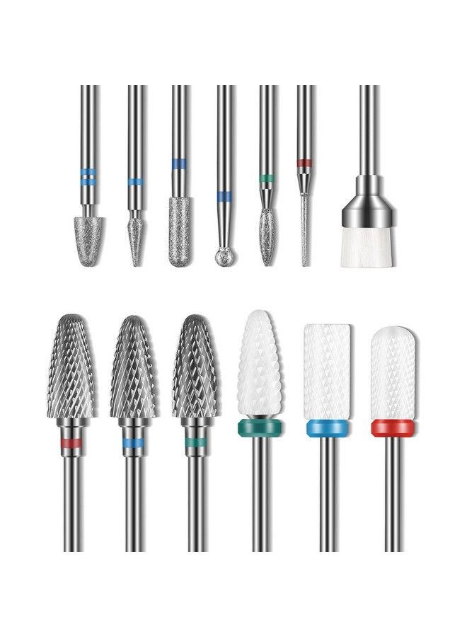 13Pc Nail Drill Bits Set Drill Bits For Nails 3Pcs Tungsten Carbide Drill Bits+ 3Pcs Ceramic Efile Nail Drill Bits+ 6Pcs Diamond Drill Bits+ 1Pcs Brush 3/32 Inch Nail Bits For Nail Drill