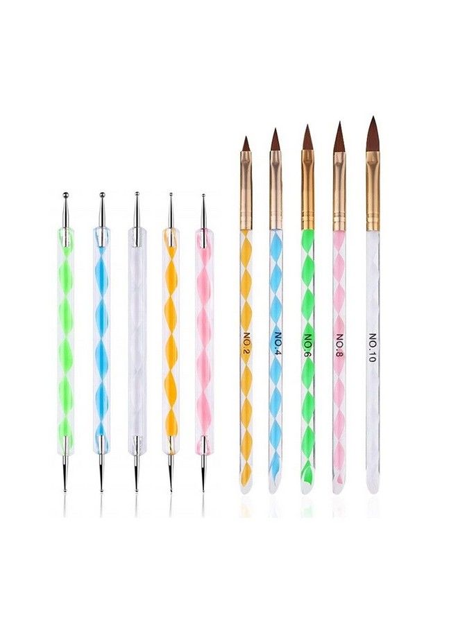 5Pcs Dotting Pens With 5Pcs Acrylic Nail Brushes Nail Art Design Tools Uv Gel Acrylic Nail Brush Set (No. 2/4/6/8/10)