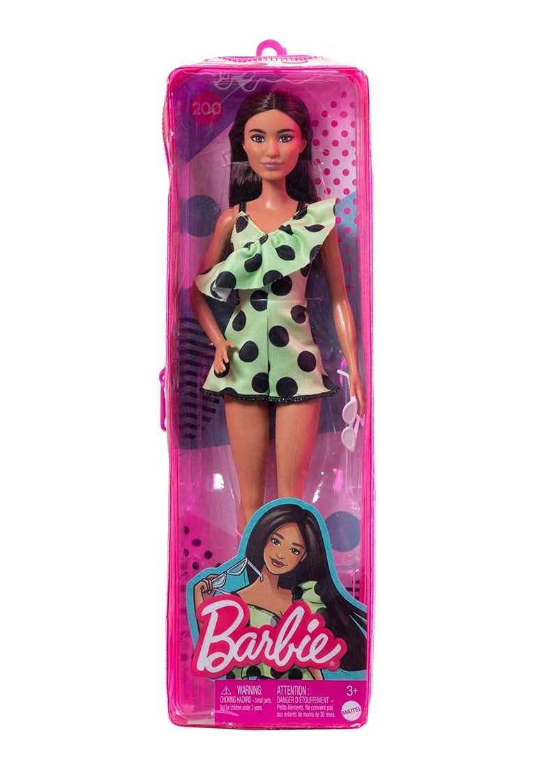 Barbie Fashionista Brunette with Lime Green Polka Dots Romper