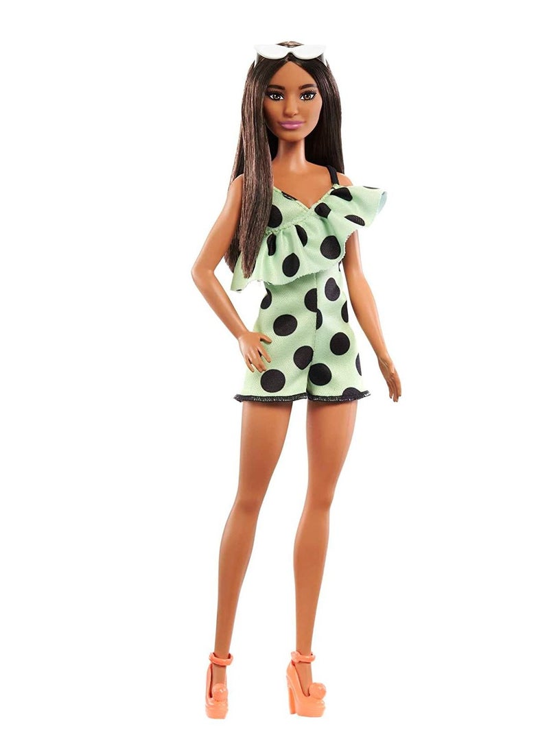 Barbie Fashionista Brunette with Lime Green Polka Dots Romper