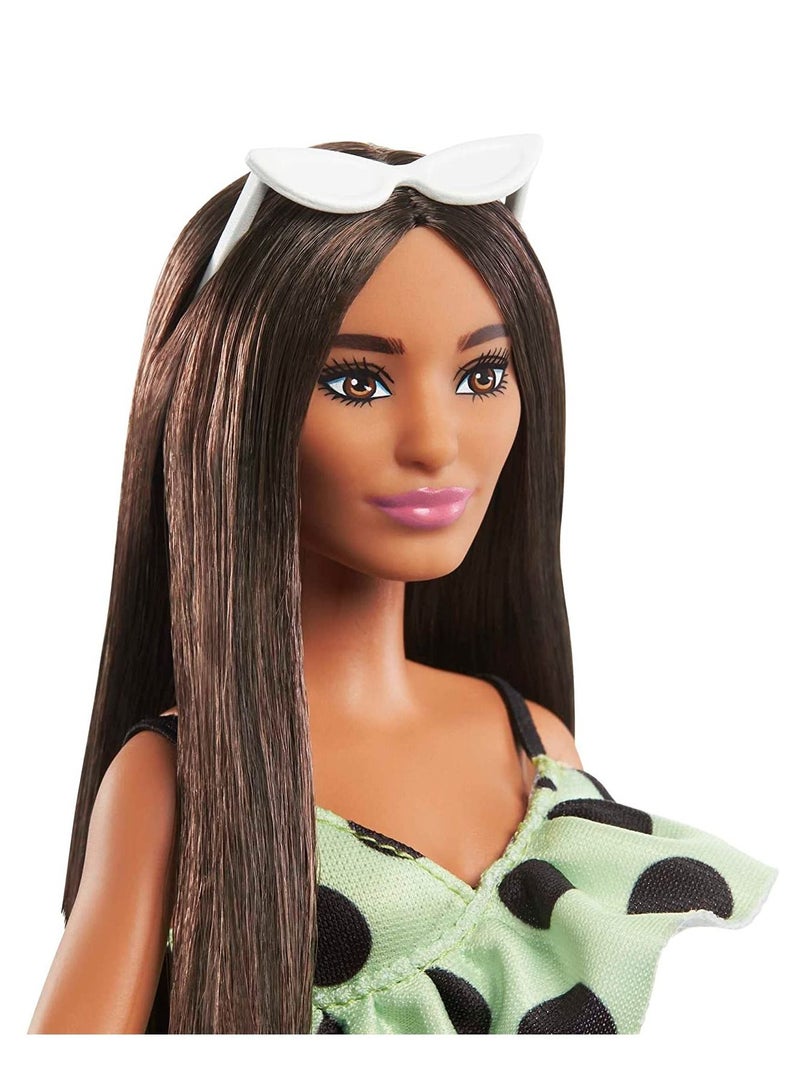 Barbie Fashionista Brunette with Lime Green Polka Dots Romper