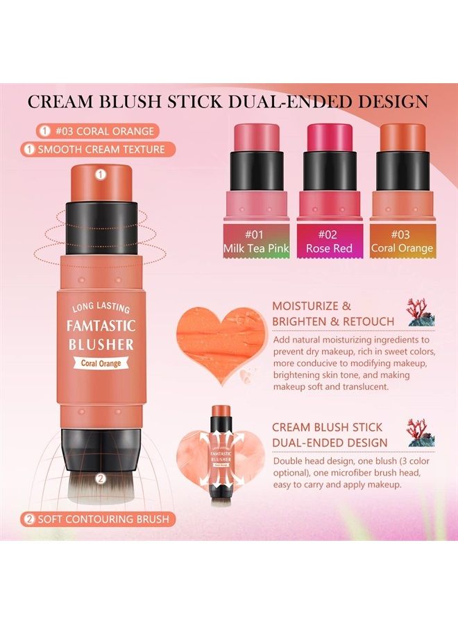 Cream Blush Stick for Cheeks Blush Makeup - 2 in 1 Multi Stick Blush for Cheeks Tint & Eyes & Lips, Cheek Makeup Stick Makeup Blush with Brush, Waterproof Creme Blush (#03 Coral Orange)
