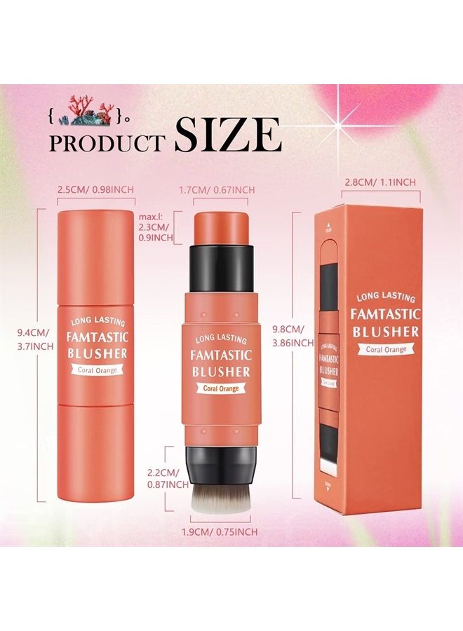Cream Blush Stick for Cheeks Blush Makeup - 2 in 1 Multi Stick Blush for Cheeks Tint & Eyes & Lips, Cheek Makeup Stick Makeup Blush with Brush, Waterproof Creme Blush (#03 Coral Orange)