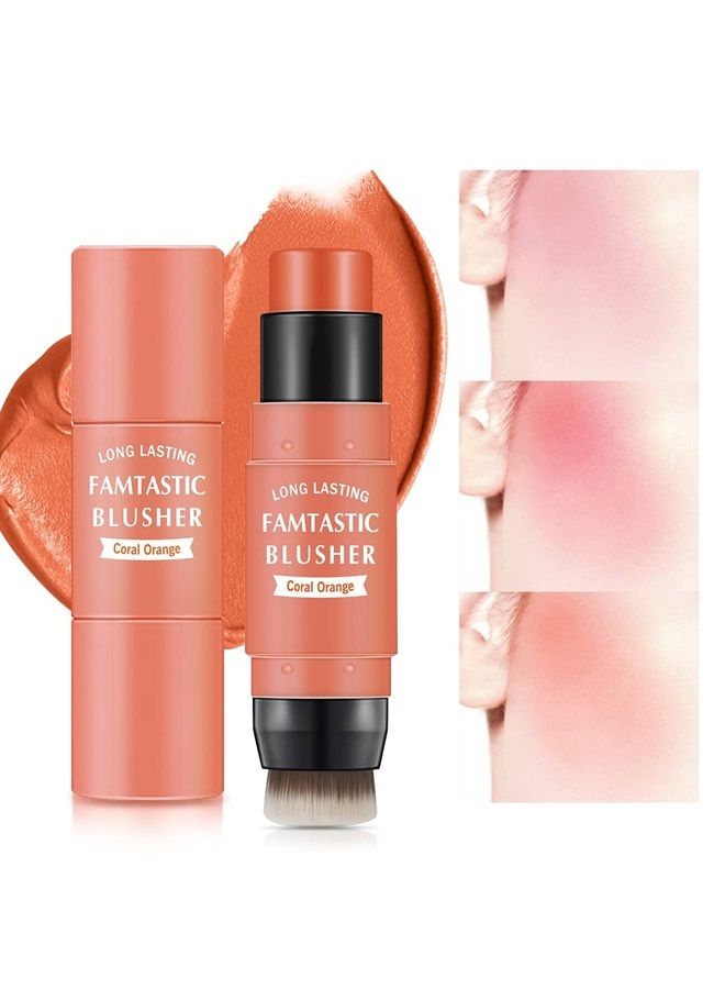 Cream Blush Stick for Cheeks Blush Makeup - 2 in 1 Multi Stick Blush for Cheeks Tint & Eyes & Lips, Cheek Makeup Stick Makeup Blush with Brush, Waterproof Creme Blush (#03 Coral Orange)