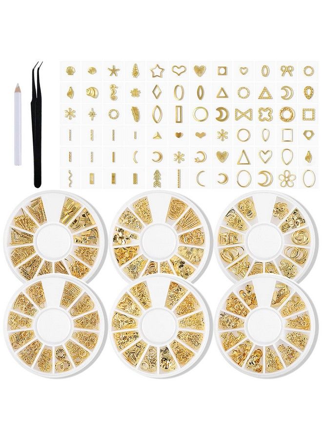 6 Boxes Gold Nail Charms For Nails Geometry Heart Moon Line Sea Creatures Metal Nail Studs 3D Nail Art Jewelry Decoration For Acrylic Nails With 1Pc Tweezers And Wax Pencil For Rhinestones