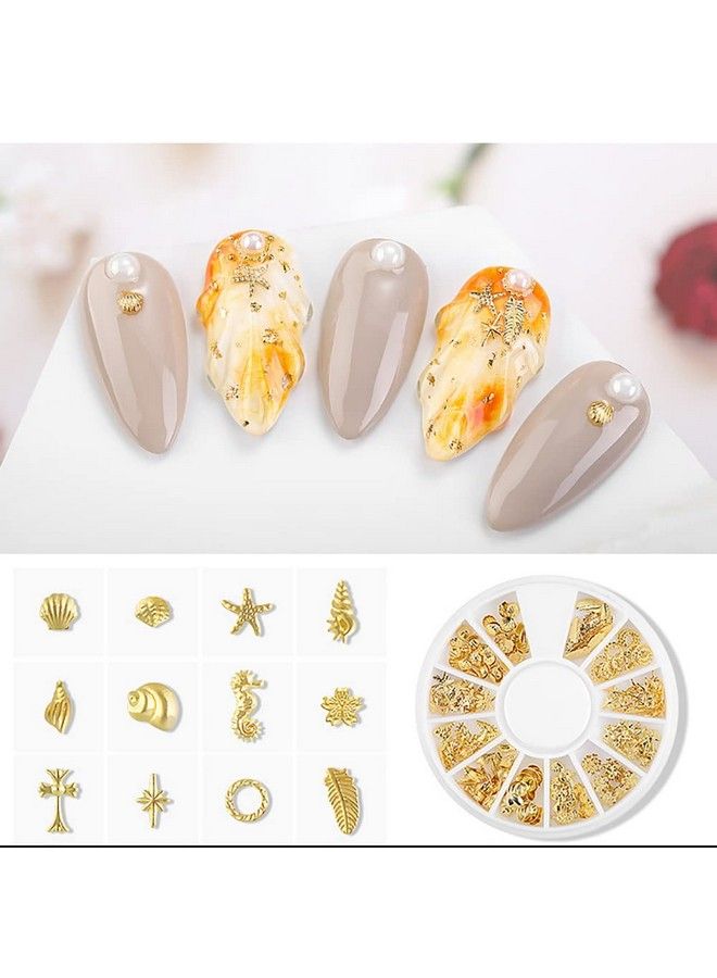6 Boxes Gold Nail Charms For Nails Geometry Heart Moon Line Sea Creatures Metal Nail Studs 3D Nail Art Jewelry Decoration For Acrylic Nails With 1Pc Tweezers And Wax Pencil For Rhinestones