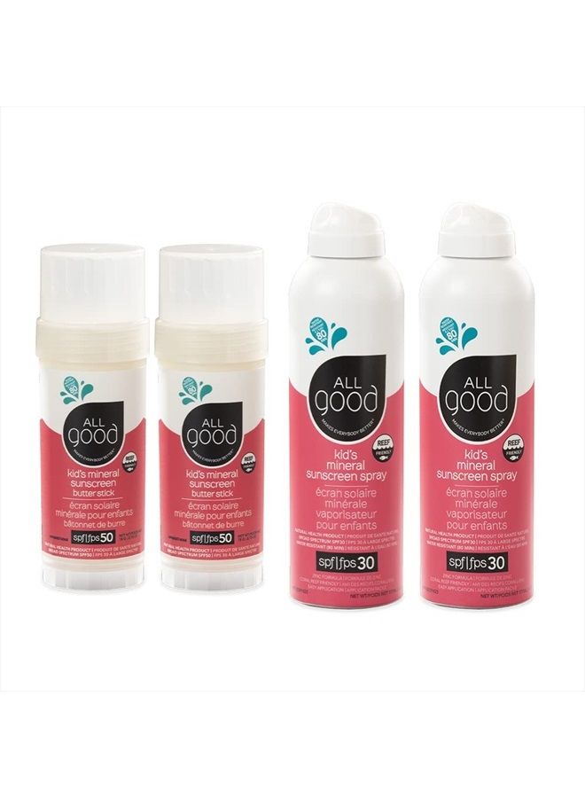 All Good Baby & Kids Mineral Face & Body Sunscreen - UVA/UVB Broad Spectrum, Coral Reef Friendly, Water Resistant, Zinc Oxide - (2) SPF 50 Butter Sticks & (2) SPF 30 Sprays