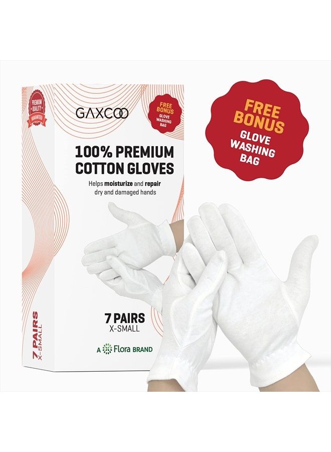 XSmall 100% Premium Cotton Moisturizing Gloves for Dry Hands & Eczema | Overnight Lotion, Sleep & Spa Treatment for Women & Men | Reusable, Washable - Free Washing Bag (White - XS - 7 Pairs