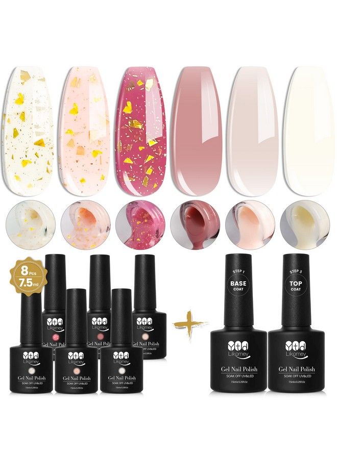 Nude Gel Nail Polish Kittranslucent Neutral 6 Color With Base And Top Coat Setmilky White Pink Peach Red Gold Foil Jelly Uv Gel8 Pcs 7.5Ml