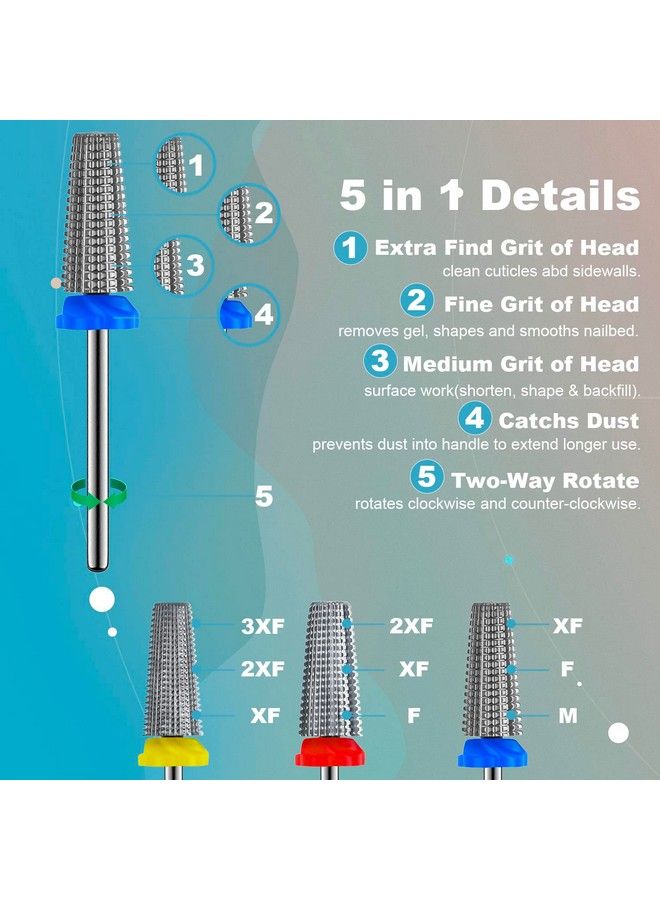 3Pcs Carbide 5 In 1 Nail Drill Bit Set Two Way Rotate Use For Both Left And Right Handed Xf， F， M 3/32 Inches Brocas Para Drill Nails For Acrylic Nail Gel Fast Remove
