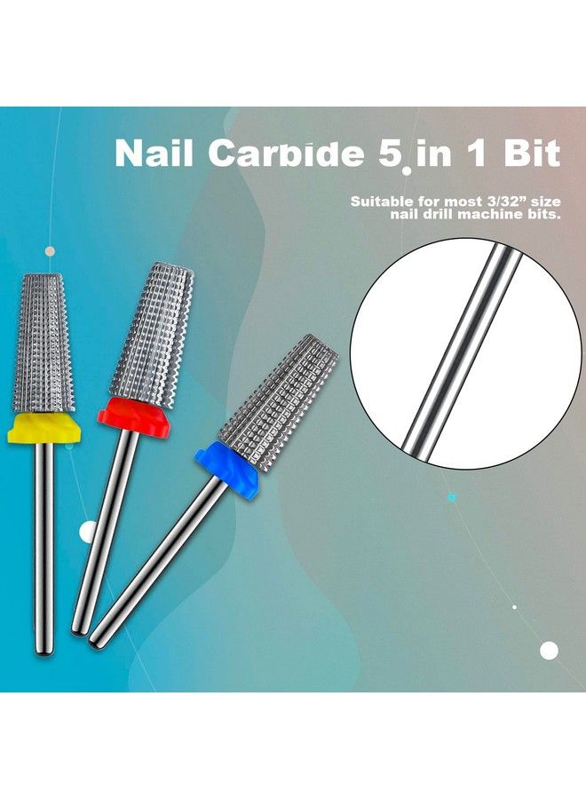 3Pcs Carbide 5 In 1 Nail Drill Bit Set Two Way Rotate Use For Both Left And Right Handed Xf， F， M 3/32 Inches Brocas Para Drill Nails For Acrylic Nail Gel Fast Remove