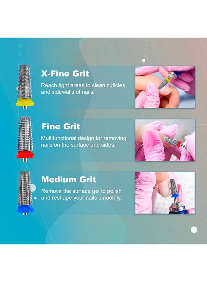 3Pcs Carbide 5 In 1 Nail Drill Bit Set Two Way Rotate Use For Both Left And Right Handed Xf， F， M 3/32 Inches Brocas Para Drill Nails For Acrylic Nail Gel Fast Remove