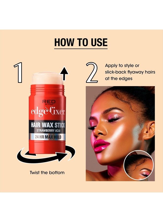 Hair Wax Stick 24HR Max Hold Edge Fixer Edge Control Pomade Non-Sticky, Non-Oily Flake Free Hair Styling Wax (Strawberry Acai)