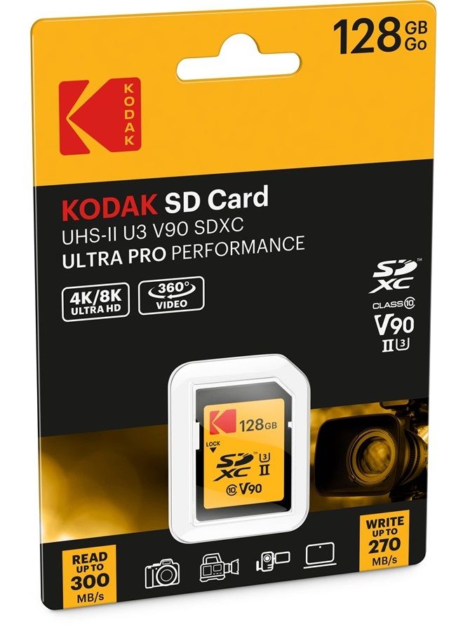 Kodak 128GB UHS-II U3 V90 Ultra Pro SDXC Memory Card - Up to 3000MB/s Read Speed and 270MB/s Write Speed