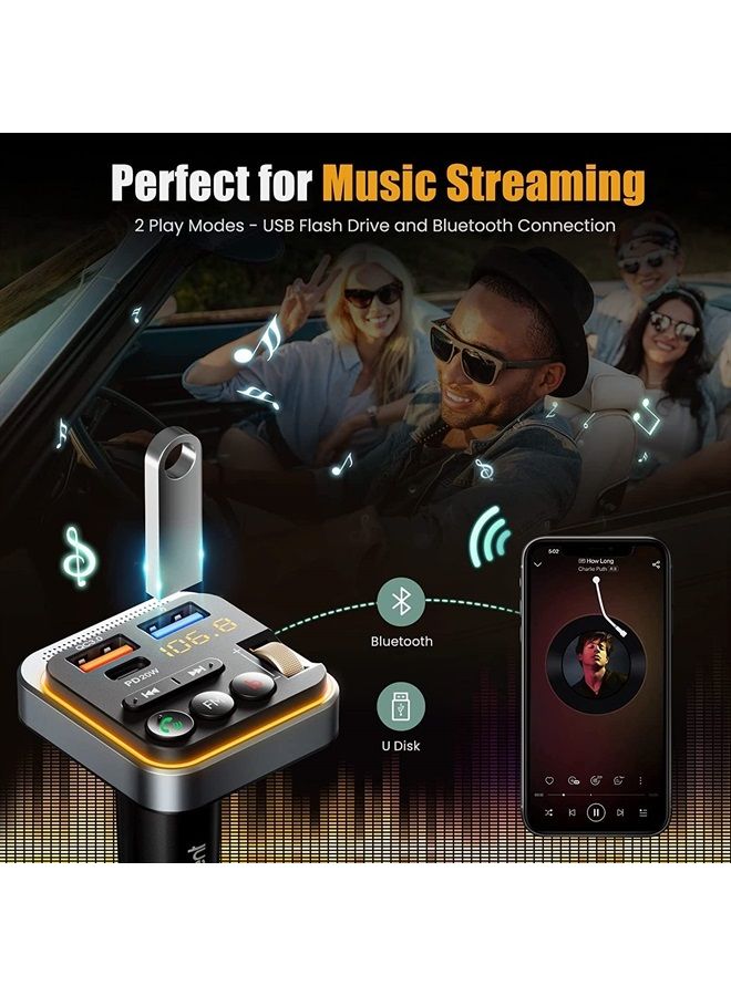 Bluetooth 5.0 FM Transmitter for Car, [PD 20W + QC 3.0] USB Charger Music Radio Adapter, Wireless Microphone &HiFi Bass Sound, Supports Hands-Free Siri Google Assistant