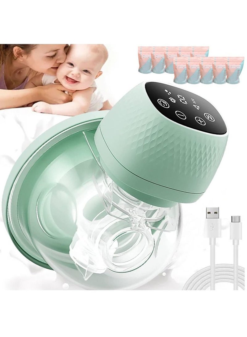 Wearable Breast Pump - 3 Modes & 9 Levels Touch Screen, Portable Electric Breast Pump, Wireless Pump, Low Noise &Painless Breastfeeding, Green