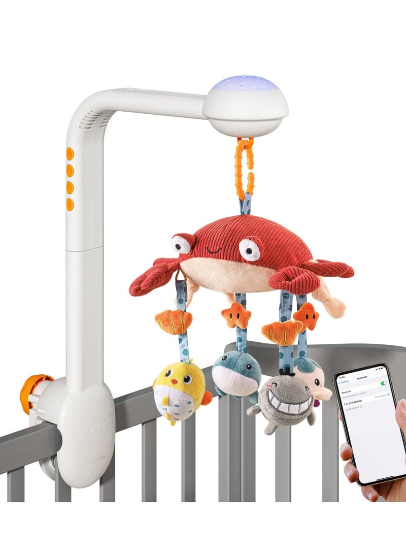 Baby Crib Mobile, Crib Toys with Projection Night Light, Music and White Noise, Soft Plush Mirror Hanging Toys, Mute Spin Motor Nursery Toys for Infant 0 3 6 9 Month Newborn Gift (Crab)