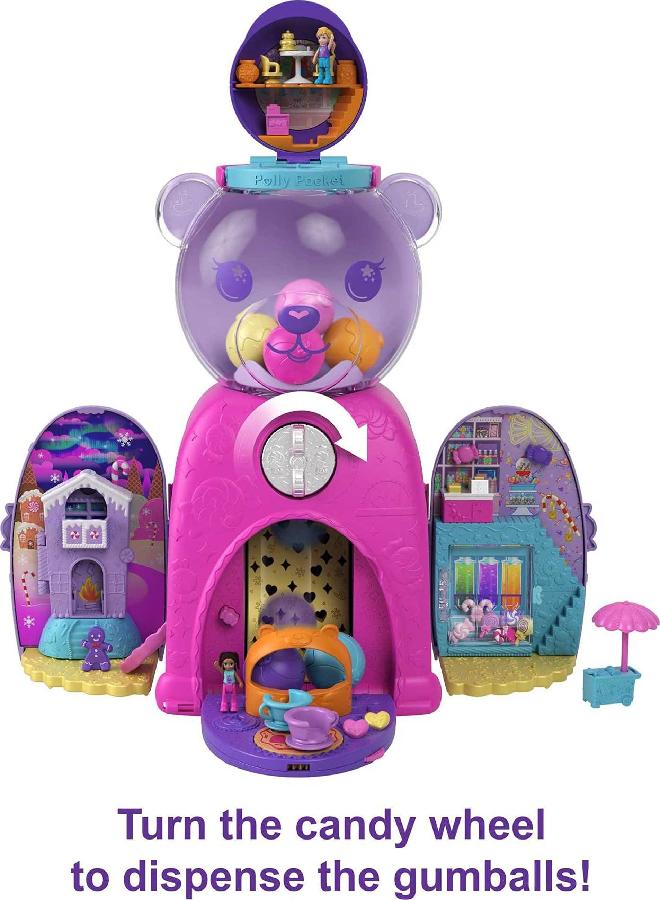 Polly Pocket Travel Toy, Gumball Bear Playset with 2 Micro Dolls and 26 Surprise Accessories, Animal Toy Compact