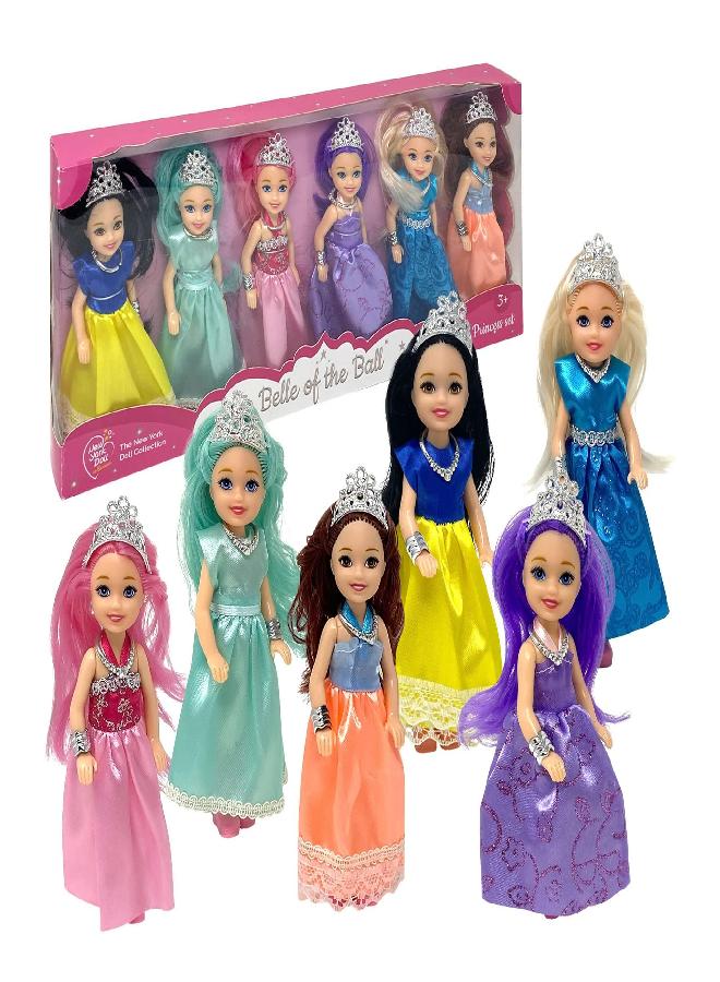 Little Dolls Set with Mini Princess Dolls for Girls - Princess Toy Dolls for Dollhouse -Small Doll Mini Princess Figures with Tiaras, Hair, Accessories -Tiny 5.5” Miniature Mini Dolls Set of 6
