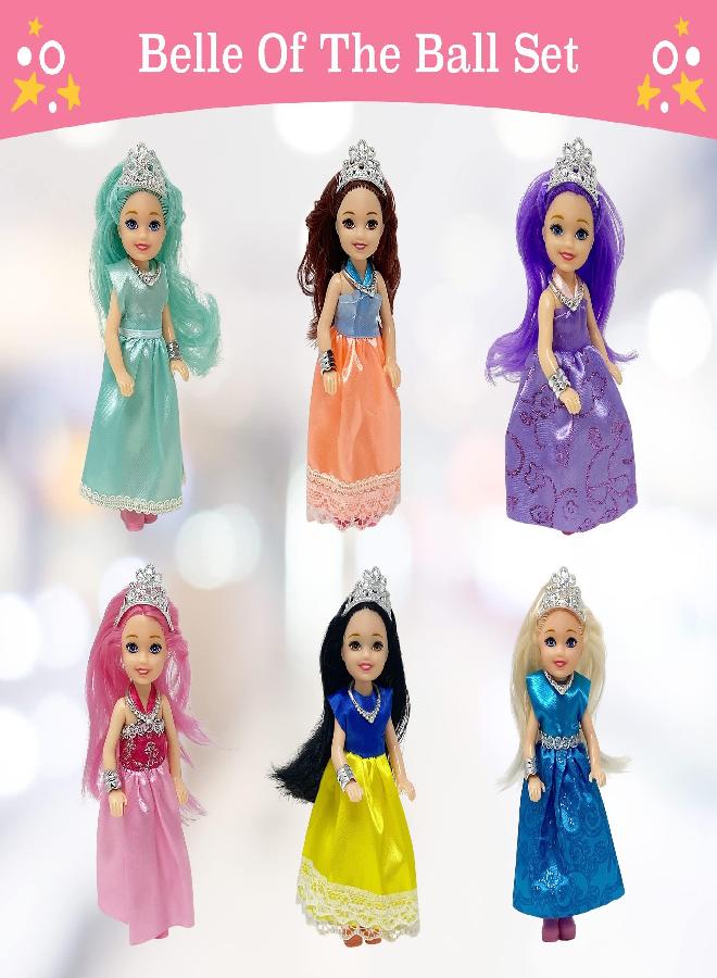 Little Dolls Set with Mini Princess Dolls for Girls - Princess Toy Dolls for Dollhouse -Small Doll Mini Princess Figures with Tiaras, Hair, Accessories -Tiny 5.5” Miniature Mini Dolls Set of 6