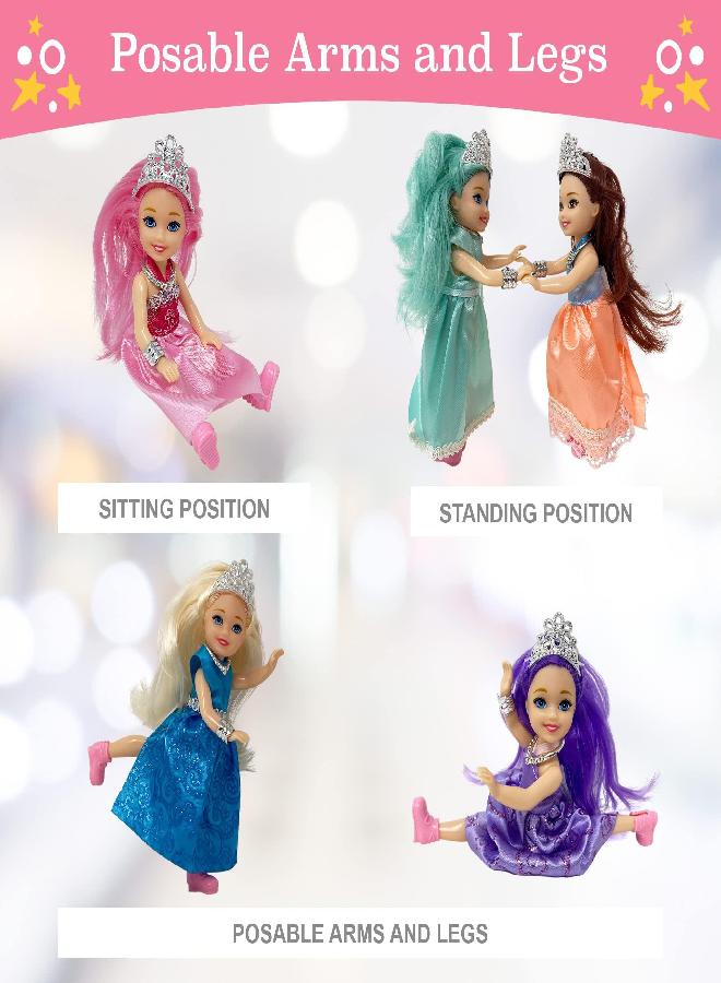 Little Dolls Set with Mini Princess Dolls for Girls - Princess Toy Dolls for Dollhouse -Small Doll Mini Princess Figures with Tiaras, Hair, Accessories -Tiny 5.5” Miniature Mini Dolls Set of 6