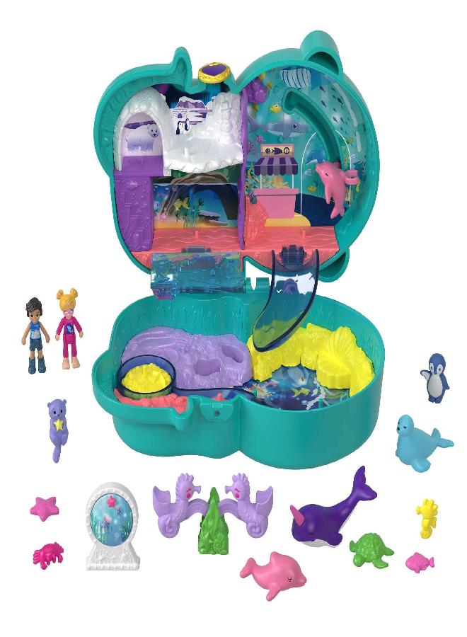 Polly Pocket Compact Playset, Otter Aquarium with 2 Micro Dolls & Accessories, Travel Toys with Surprise Reveals