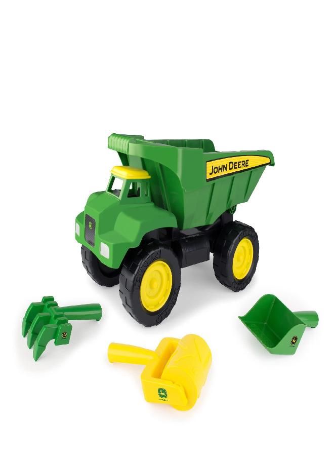 John Deere Big Scoop Dump Truck Toy with Sandbox Tools - Construction Toys Featuring Dump Truck, Sifter, Hand Tiller, and Tractor Wheel Roller - 15 x 8.25 x 9.25 inches -Green - Ages 3-5 Years