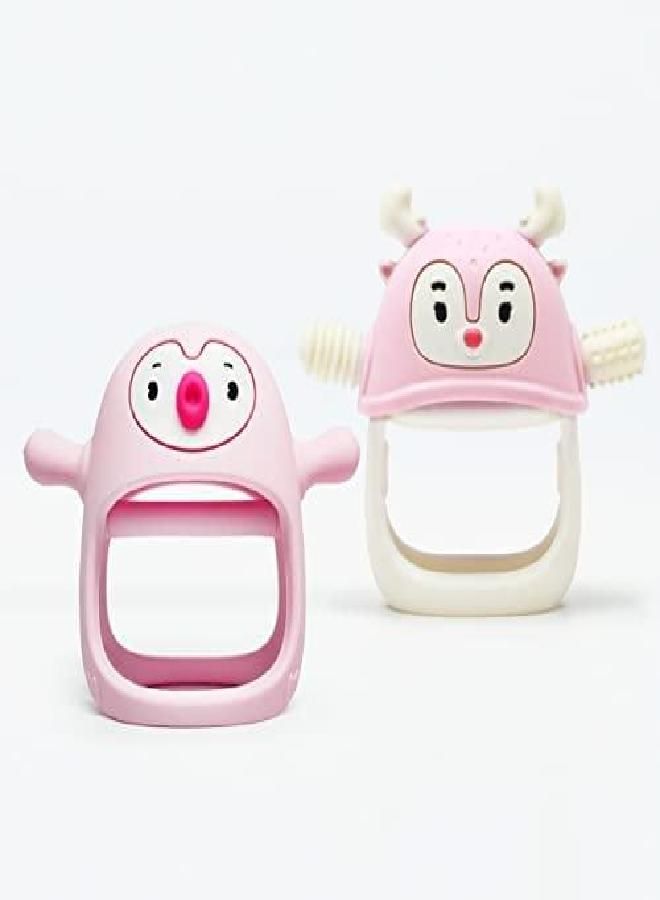 Smily Mia Penguin Buddy and Reindeer 2 in 1 Set for All Teething Needs, Light Pink