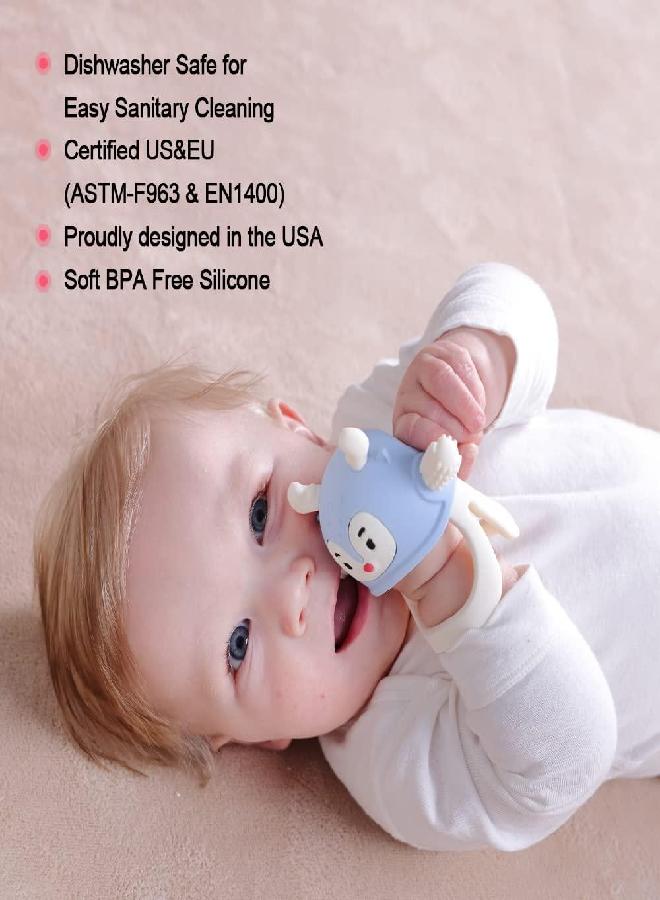 Smily Mia Reindeer Organic Baby Teething Toys 0-6Months, Baby Teething Mitten for 3-6Months, Easy to Hold Stem with Chewing Nubs for Teething Pain Relief for 6-12Months Babies, Light Blue