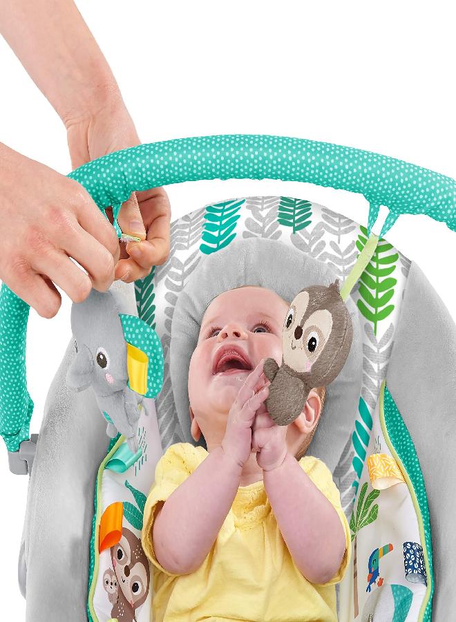 Bright Starts Jungle Vines Comfy Baby Bouncer and Vibrating Infant Seat with Taggies & Elephant and Sloth Plush Baby Toys