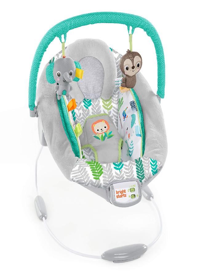 Bright Starts Jungle Vines Comfy Baby Bouncer and Vibrating Infant Seat with Taggies & Elephant and Sloth Plush Baby Toys
