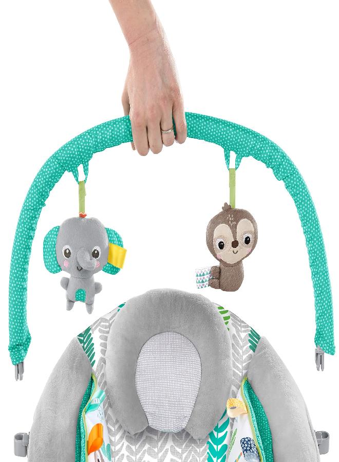 Bright Starts Jungle Vines Comfy Baby Bouncer and Vibrating Infant Seat with Taggies & Elephant and Sloth Plush Baby Toys