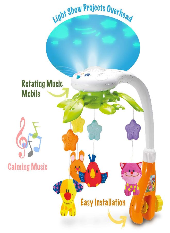 KiddoLab Baby Crib Mobile with Lights and Relaxing Music. Includes Ceiling Light Projector with Stars, Animals. Musical Crib Mobile with Timer. Nursery Toys for Babies Ages 0 and Older