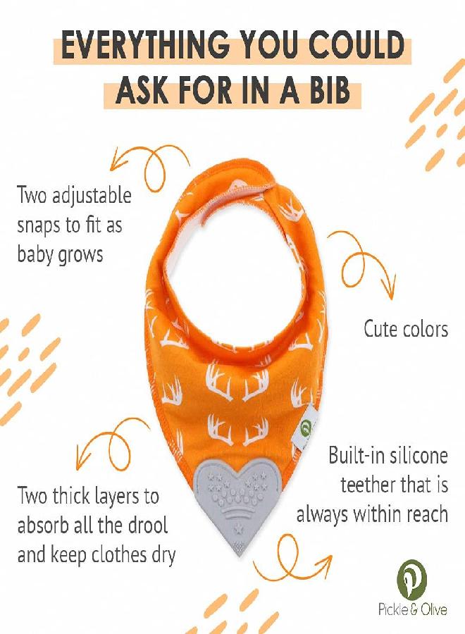 Pickle & Olive Baby Bandana Teething Bibs with Attached Teether - Set Of 4 - Orange Fox