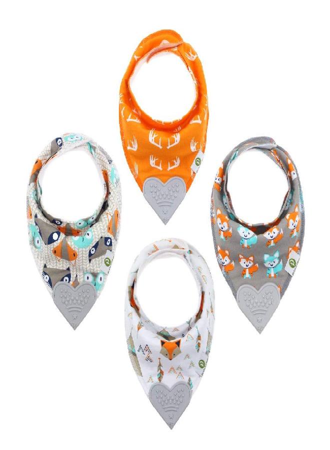 Pickle & Olive Baby Bandana Teething Bibs with Attached Teether - Set Of 4 - Orange Fox