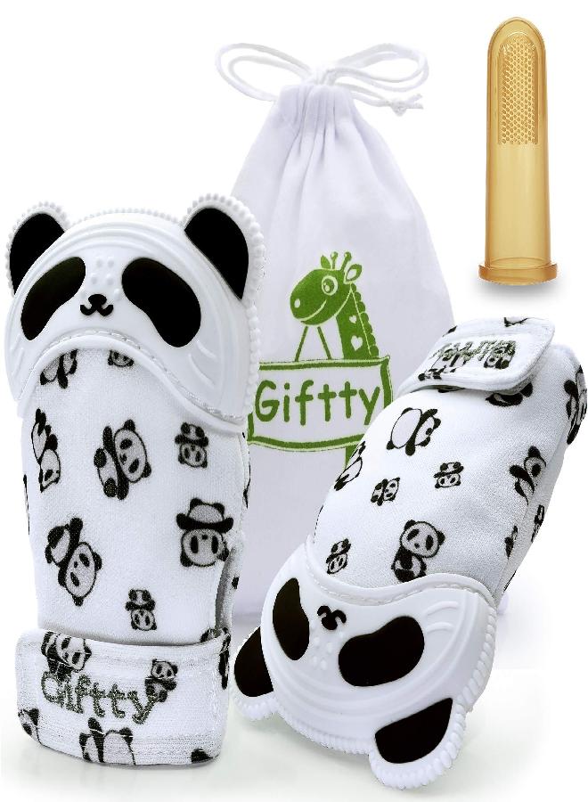 Baby Teething Mitten Chewing Glove Teether Mitt Infant Toy Panda Teething Glove Baby Chew Mitt with Finger Toothbrush BPA-Free for Baby Boys Girls - 1 Pair + 1 Toothbrush