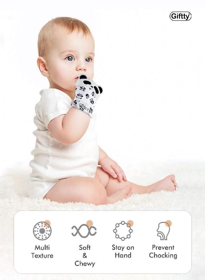 Baby Teething Mitten Chewing Glove Teether Mitt Infant Toy Panda Teething Glove Baby Chew Mitt with Finger Toothbrush BPA-Free for Baby Boys Girls - 1 Pair + 1 Toothbrush