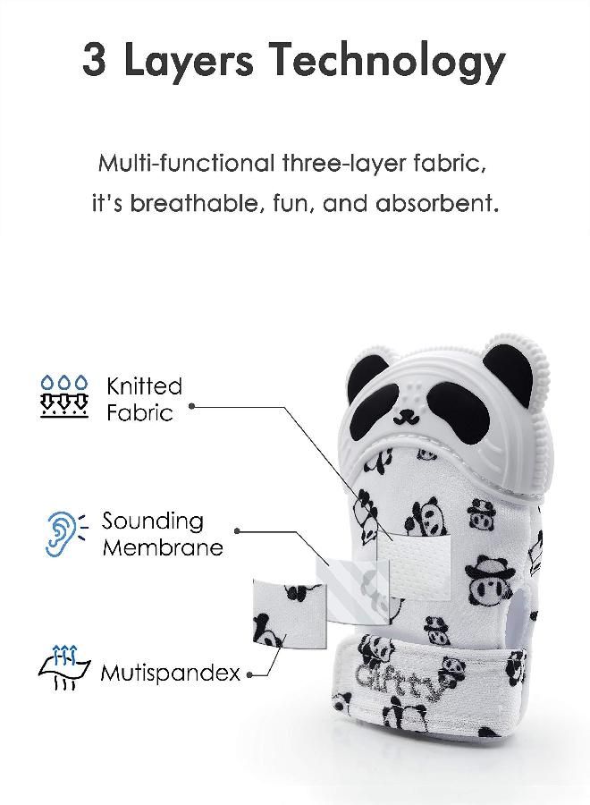 Baby Teething Mitten Chewing Glove Teether Mitt Infant Toy Panda Teething Glove Baby Chew Mitt with Finger Toothbrush BPA-Free for Baby Boys Girls - 1 Pair + 1 Toothbrush