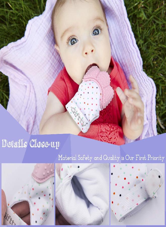 Baby Teething Mittens Self-Soothing Pain Relief Mitt, Stimulating Teether Toy, Prevent Scratches Protection Glove with Travel Bag, Stay on Baby's Hand, Unisex for 3~12 Months Baby (2 Mittens - Pink)